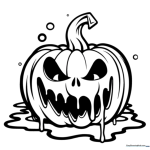 A black and white line art illustration of a melting jack-o'-lantern with a carved face, featuring drippy, wavy outlines perfect for kids to color.