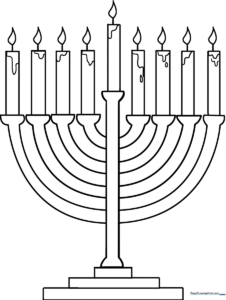 Black and white line art of a traditional nine-branched Menorah, featuring clear outlines for children to color, perfect for holiday art projects.
