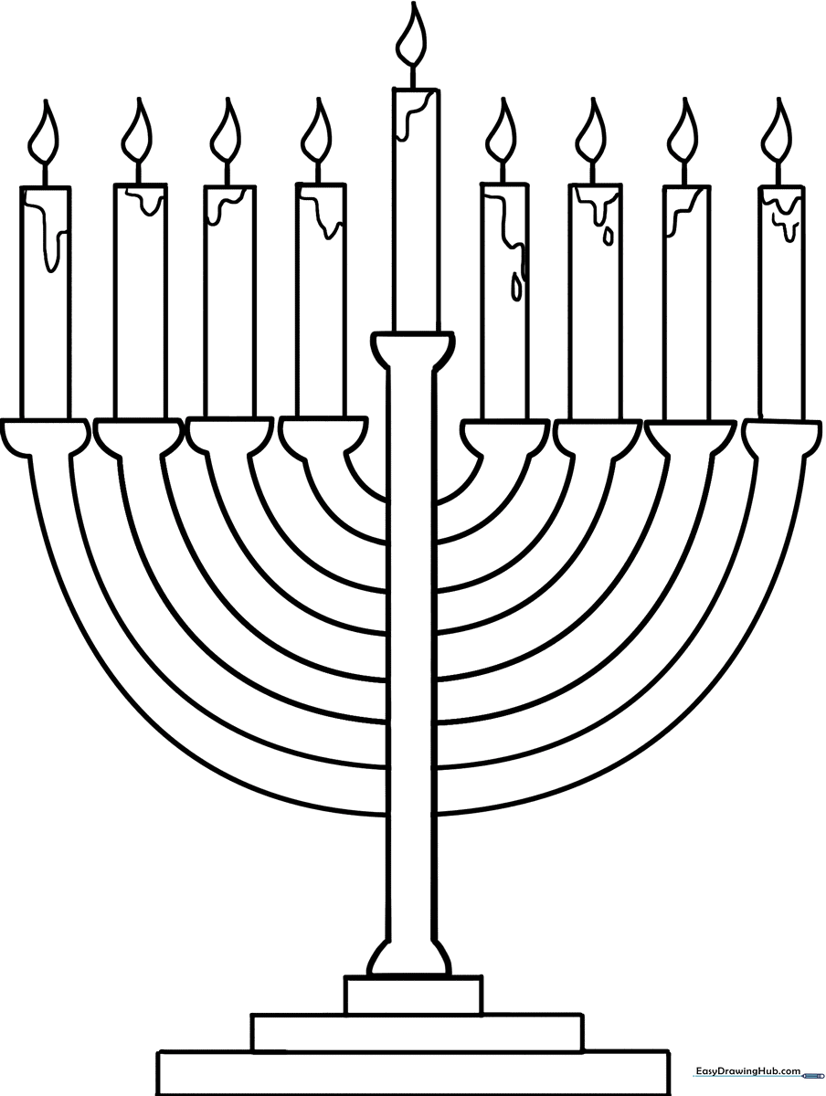 Black and white line art of a traditional nine-branched Menorah, featuring clear outlines for children to color, perfect for holiday art projects.