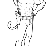 Black and white line art of Meowscles from Fortnite, featuring his muscular cat physique and agent details, ready for coloring.