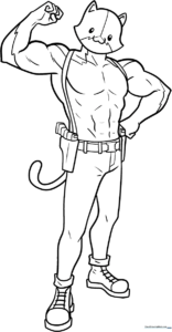 Black and white line art of Meowscles from Fortnite, featuring his muscular cat physique and agent details, ready for coloring.