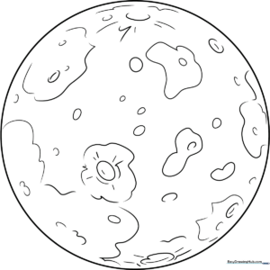 Black and white line art of the planet Mercury featuring distinct crater patterns, designed for children to color.