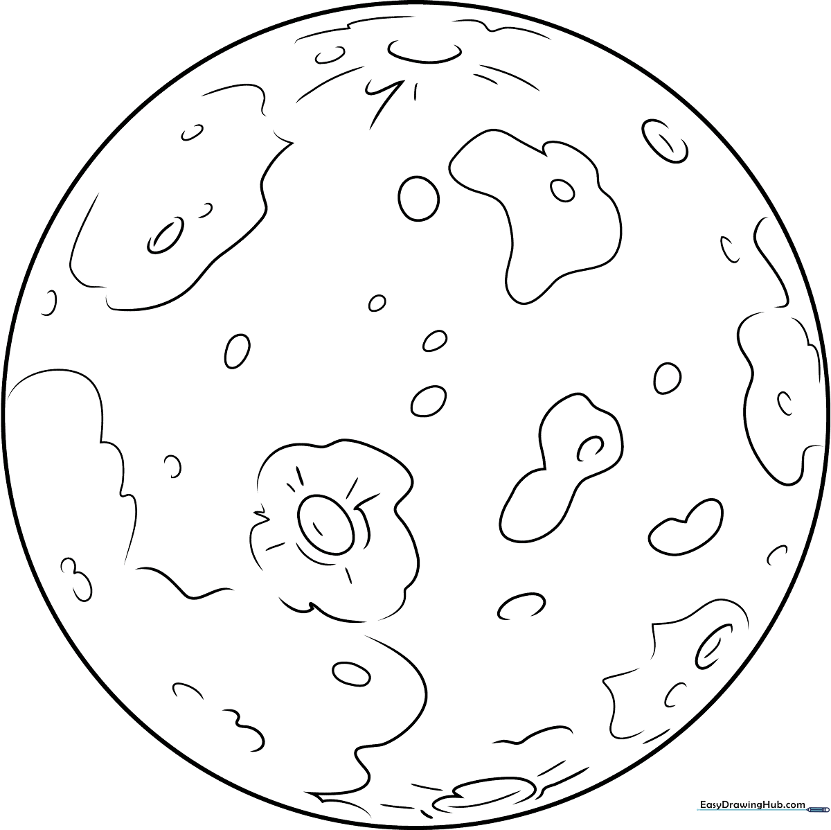 Black and white line art of the planet Mercury featuring distinct crater patterns, designed for children to color.