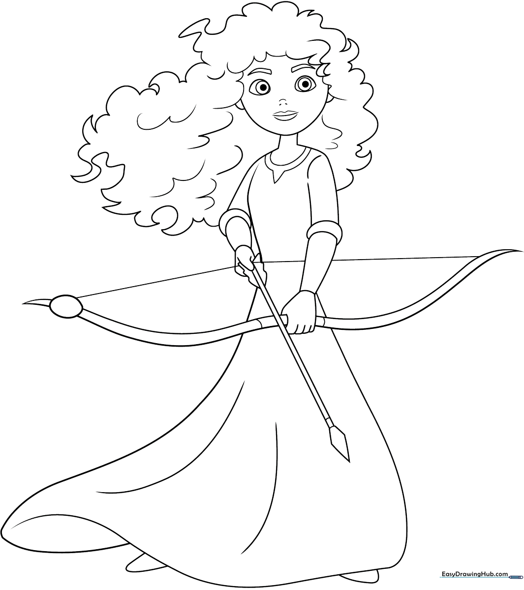 Black and white line art of Merida from Brave, featuring her iconic wild curly hair and royal dress, ready for coloring.