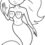 A friendly cartoon mermaid with flowing hair and a detailed tail, outlined in bold black lines for easy coloring by children.