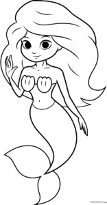 A friendly cartoon mermaid with flowing hair and a detailed tail, outlined in bold black lines for easy coloring by children.