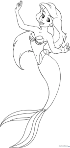 Black and white line art of Mermaid Ariel with flowing hair and a detailed tail, designed for children to color.