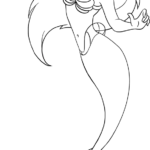 Black and white line art of Mermaid Ariel with flowing hair and a detailed tail, designed for children to color.