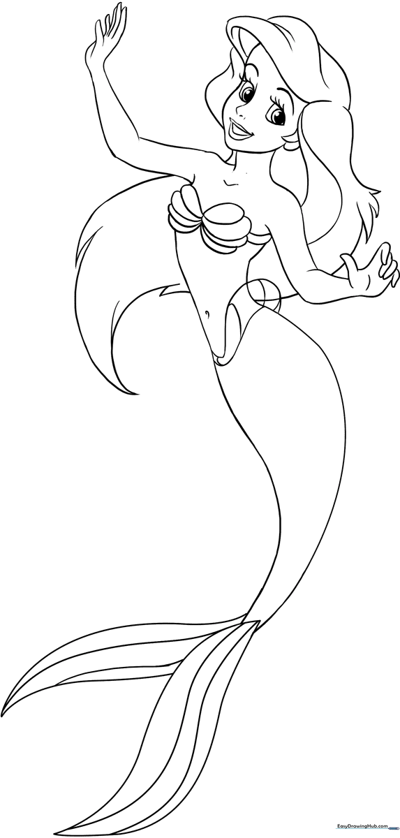 Black and white line art of Mermaid Ariel with flowing hair and a detailed tail, designed for children to color.