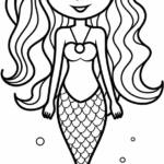 Black and white line art of a friendly mermaid with long flowing hair and a detailed tail, designed for children to color.