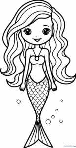 Black and white line art of a friendly mermaid with long flowing hair and a detailed tail, designed for children to color.