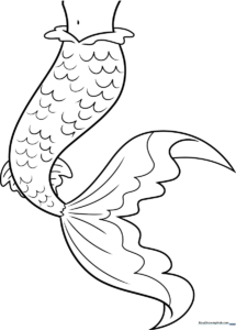 Black and white line art of a mermaid tail with detailed scales, designed for children to color with crayons or markers.