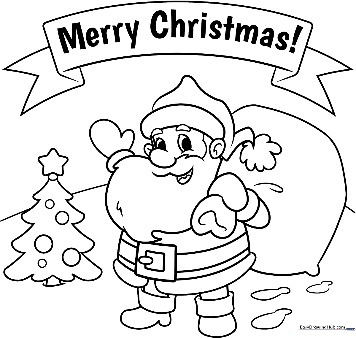 Black and white line art of a festive Christmas card featuring holiday motifs, ready for children to color with markers or crayons.