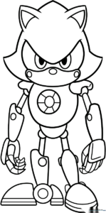 Black and white line art of Metal Sonic standing in a heroic pose, featuring clear outlines for easy coloring by children.