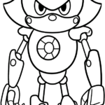 Black and white line art of Metal Sonic standing in a heroic pose, featuring clear outlines for easy coloring by children.