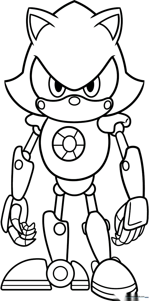 Black and white line art of Metal Sonic standing in a heroic pose, featuring clear outlines for easy coloring by children.