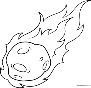 A clean, black-and-white line art illustration of a cartoon meteor with a glowing trail, designed for children to color.