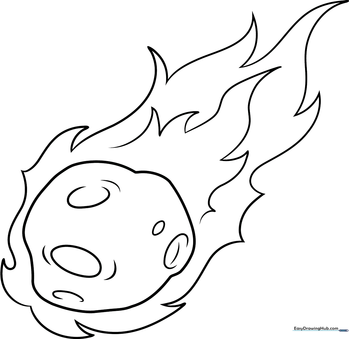 A clean, black-and-white line art illustration of a cartoon meteor with a glowing trail, designed for children to color.