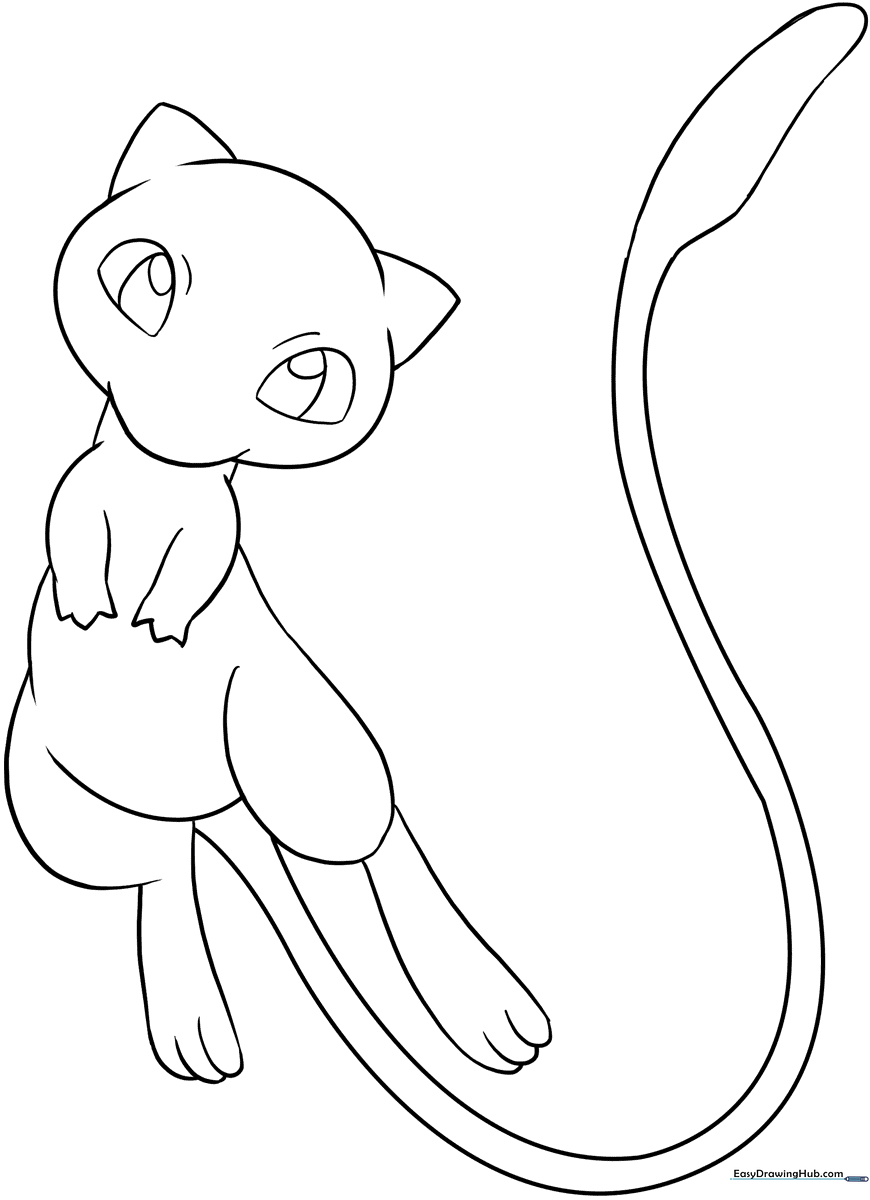 Black and white line art of the Pokemon Mew, featuring clean outlines perfect for coloring with markers or crayons.
