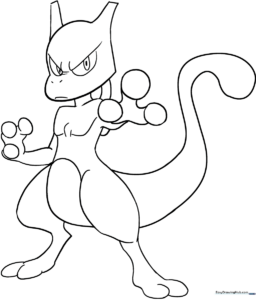 Black and white line art of Mewtwo standing in a classic pose, featuring clear outlines for easy coloring by children.