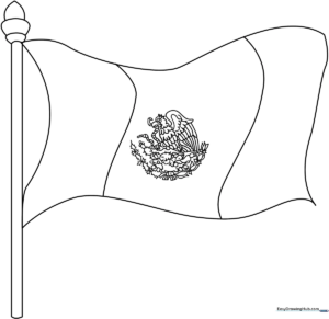 Black and white line art of the Mexican flag featuring the central eagle emblem, designed for children to color with markers or crayons.