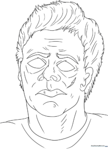 Black and white line art illustration of Michael Myers wearing his signature mask, ready for coloring.