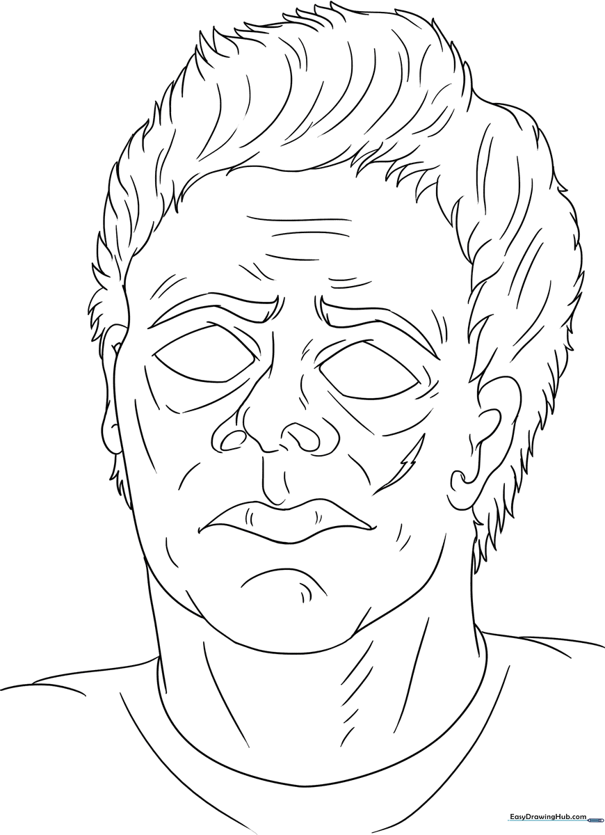 Black and white line art illustration of Michael Myers wearing his signature mask, ready for coloring.