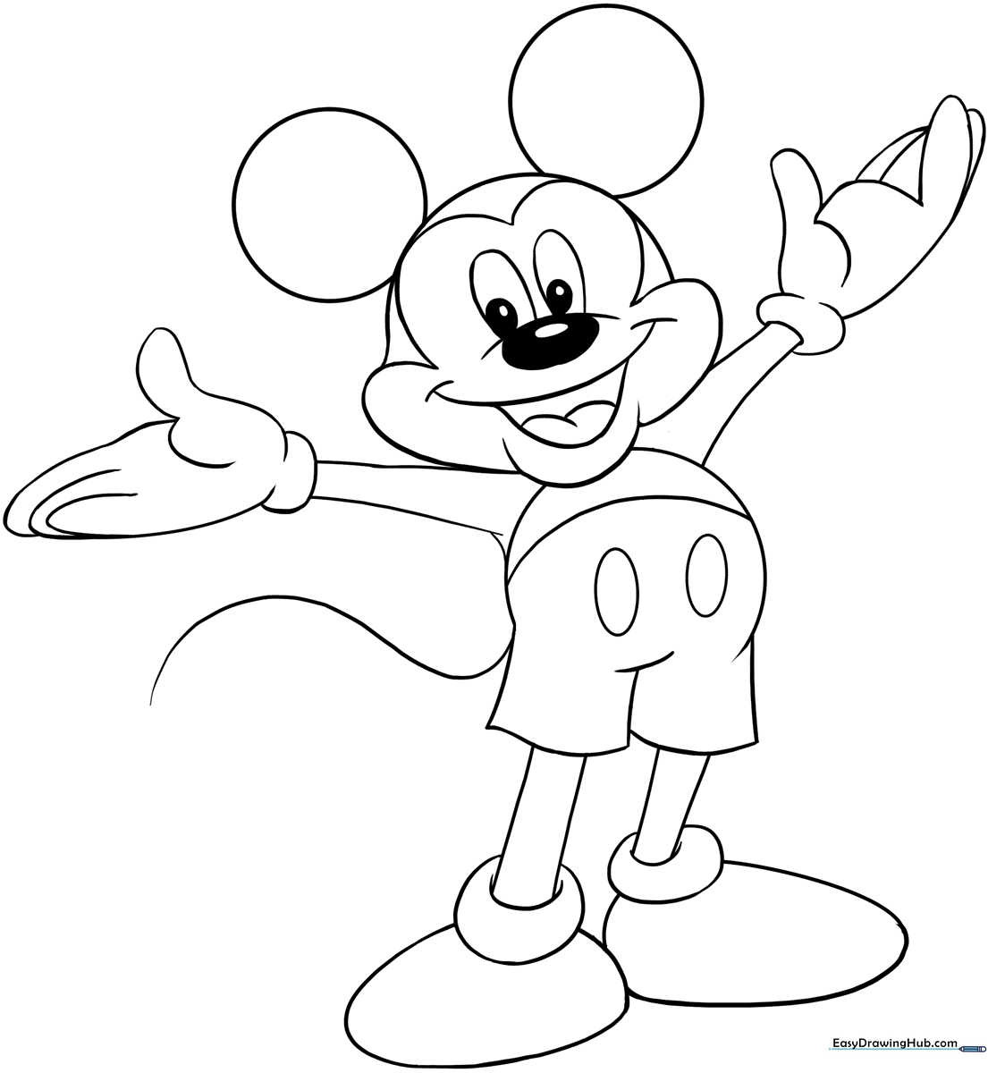 Black and white line art of Mickey Mouse standing in a cheerful pose, featuring bold outlines perfect for young children to color.