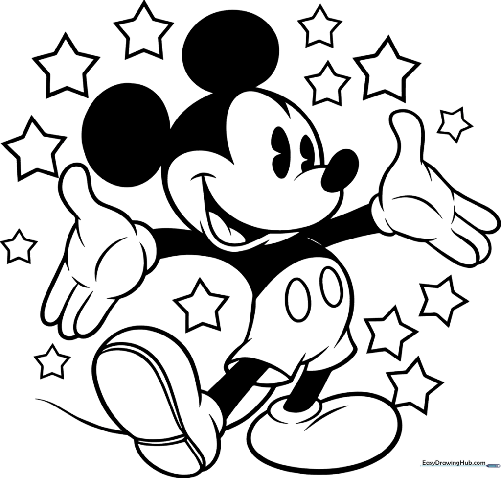 Mickey Mouse Surrounded By Stars Coloring Sheet
