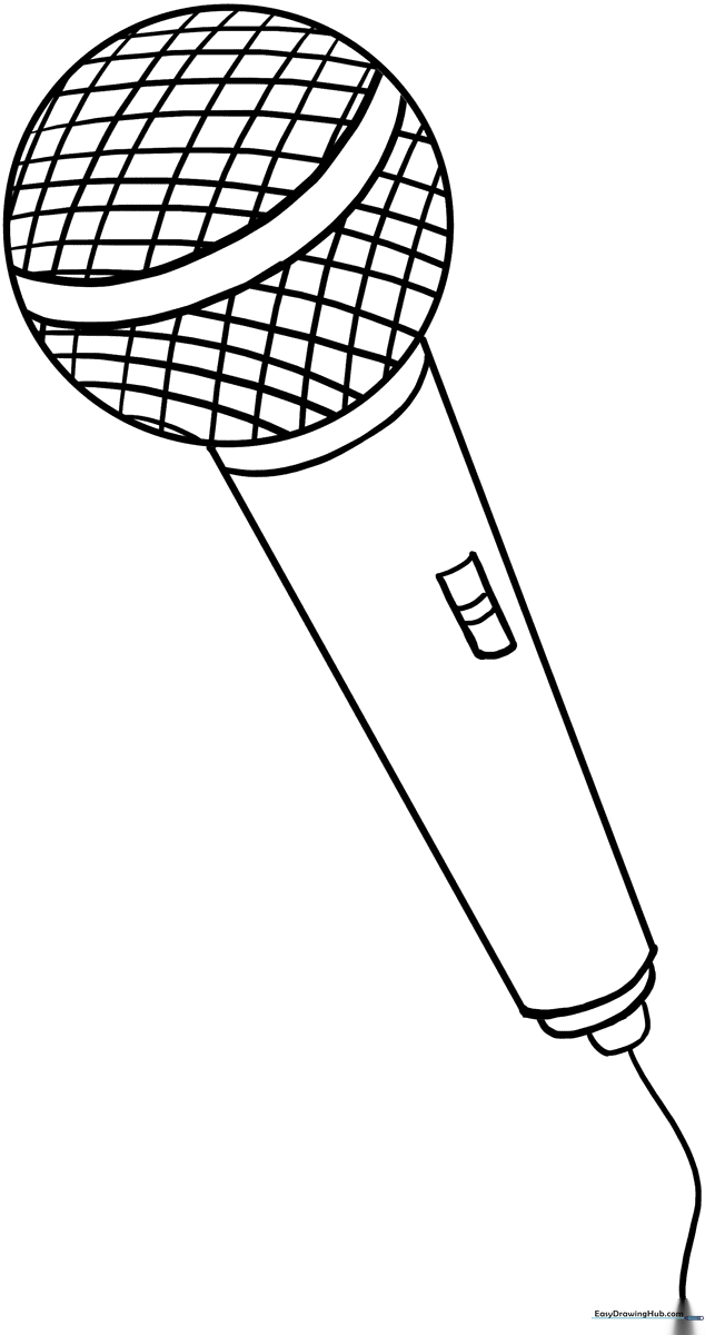 A clean, bold-lined illustration of a classic handheld microphone, perfect for children to color with markers or crayons.
