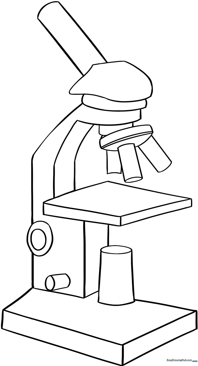 Black and white line art of a student microscope with clear outlines, perfect for children to color with crayons or markers.