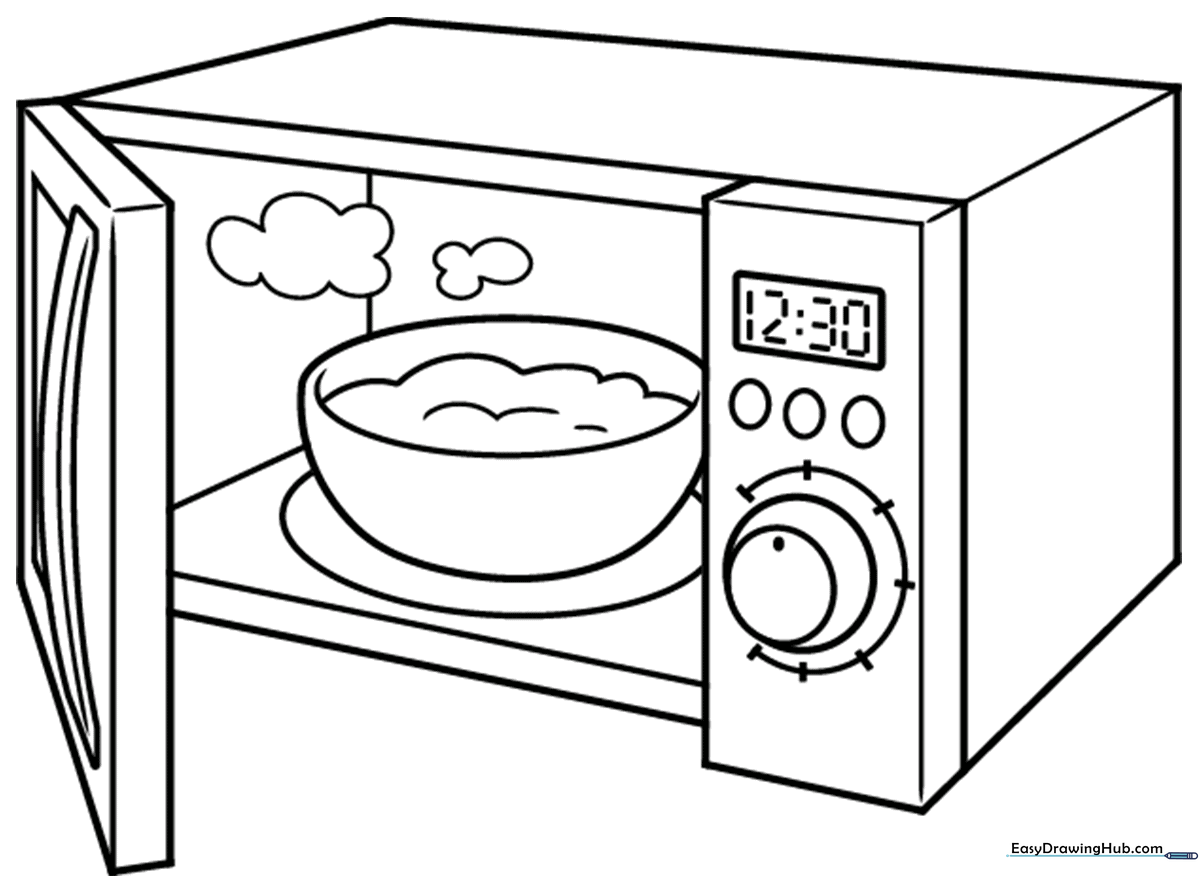 Black and white line art of a kitchen microwave with a digital display and buttons, ready for children to color.