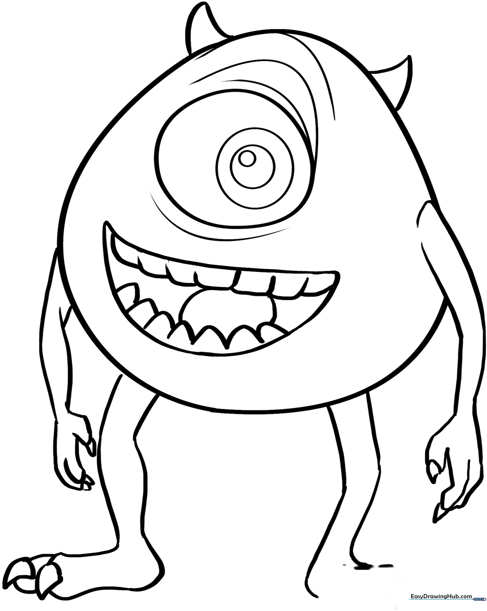 Black and white line art of Mike Wazowski from Monsters, Inc. featuring his large central eye, wide grin, and small limbs, ready for coloring.
