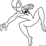 Black and white line art of Miles Morales in his Spider-Man suit, featuring clear outlines for easy coloring and distinct web patterns on the mask.