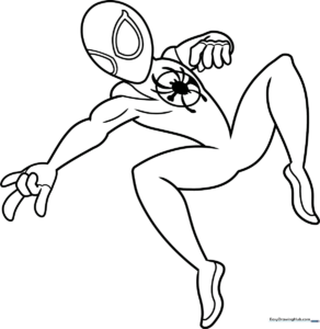 Black and white line art of Miles Morales in his Spider-Man suit, featuring clear outlines for easy coloring and distinct web patterns on the mask.