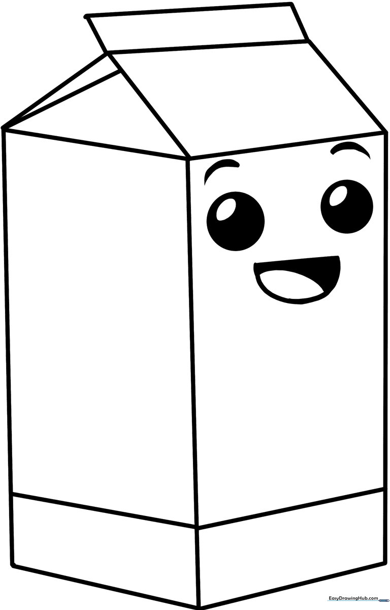 Black and white line art of a classic gable-top milk carton with bold outlines, perfect for children to color.