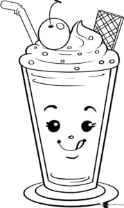 A cute cartoon milkshake in a tall glass with a straw and whipped cream topping, featuring bold outlines for easy coloring.