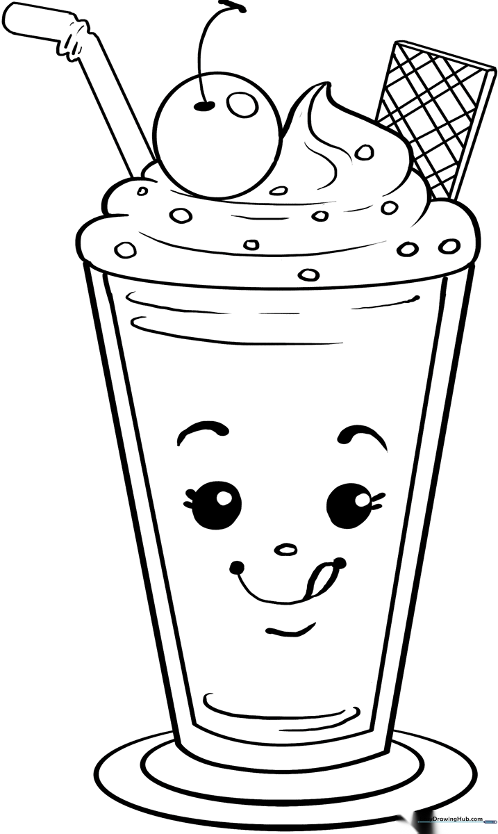 A cute cartoon milkshake in a tall glass with a straw and whipped cream topping, featuring bold outlines for easy coloring.