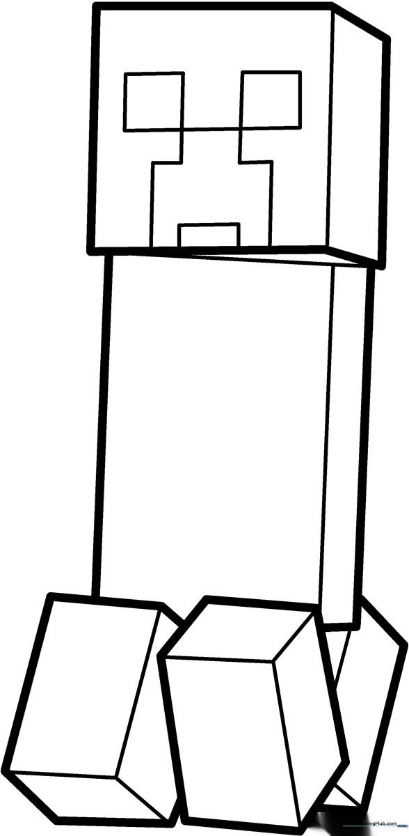 Black and white line art of a Minecraft Creeper character, featuring distinct pixelated facial features and body segments ready for coloring.