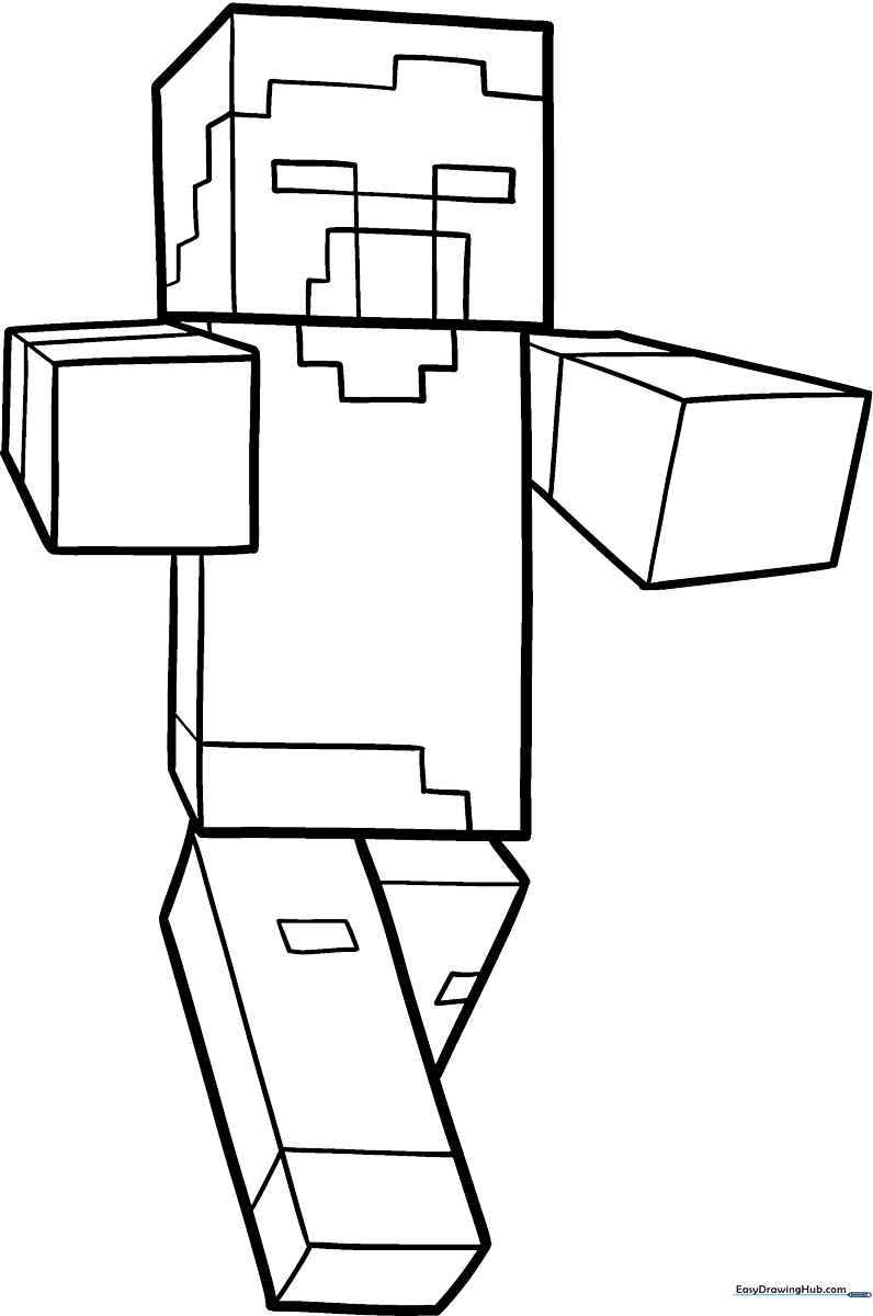 Black and white line art of a Minecraft Zombie character with blocky features, ready for kids to color with markers or crayons.