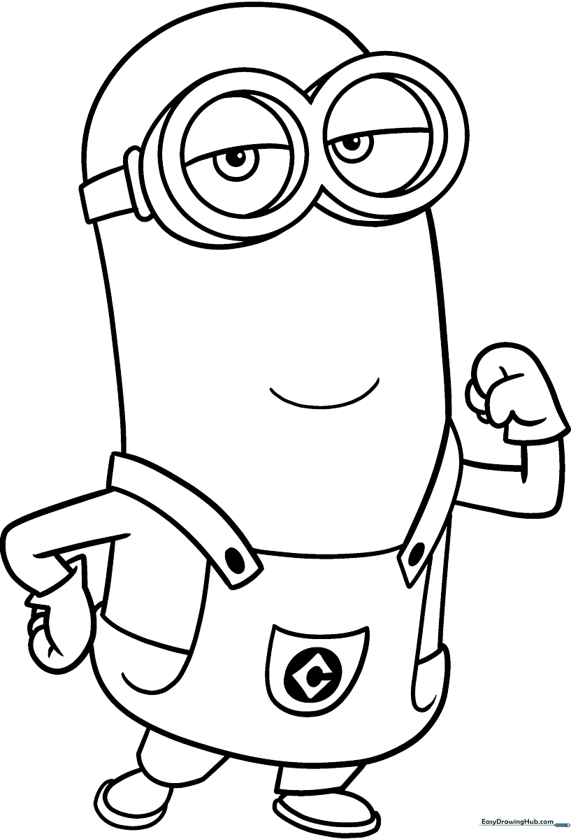 Black and white line art of a Minion character with large goggles, ready for children to color with crayons or markers.
