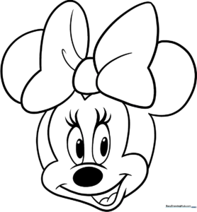 Black and white line art of Minnie Mouse featuring her signature polka-dot bow and dress, designed for children to color.