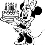 Minnie Mouse smiling while holding a decorated birthday cake, featuring clear outlines for easy coloring by children.
