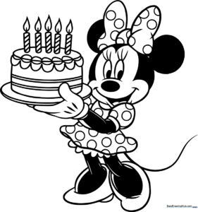 Minnie Mouse smiling while holding a decorated birthday cake, featuring clear outlines for easy coloring by children.