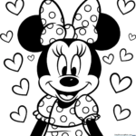 Black and white line art of Minnie Mouse looking happy and in love, featuring clear outlines for easy coloring by children.