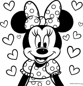 Black and white line art of Minnie Mouse looking happy and in love, featuring clear outlines for easy coloring by children.