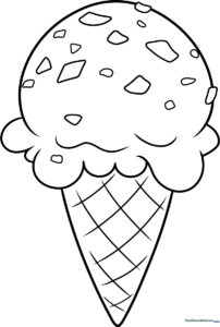 Black and white line art of a mint chocolate chip ice cream scoop in a waffle cone, featuring clear outlines for easy coloring by children.