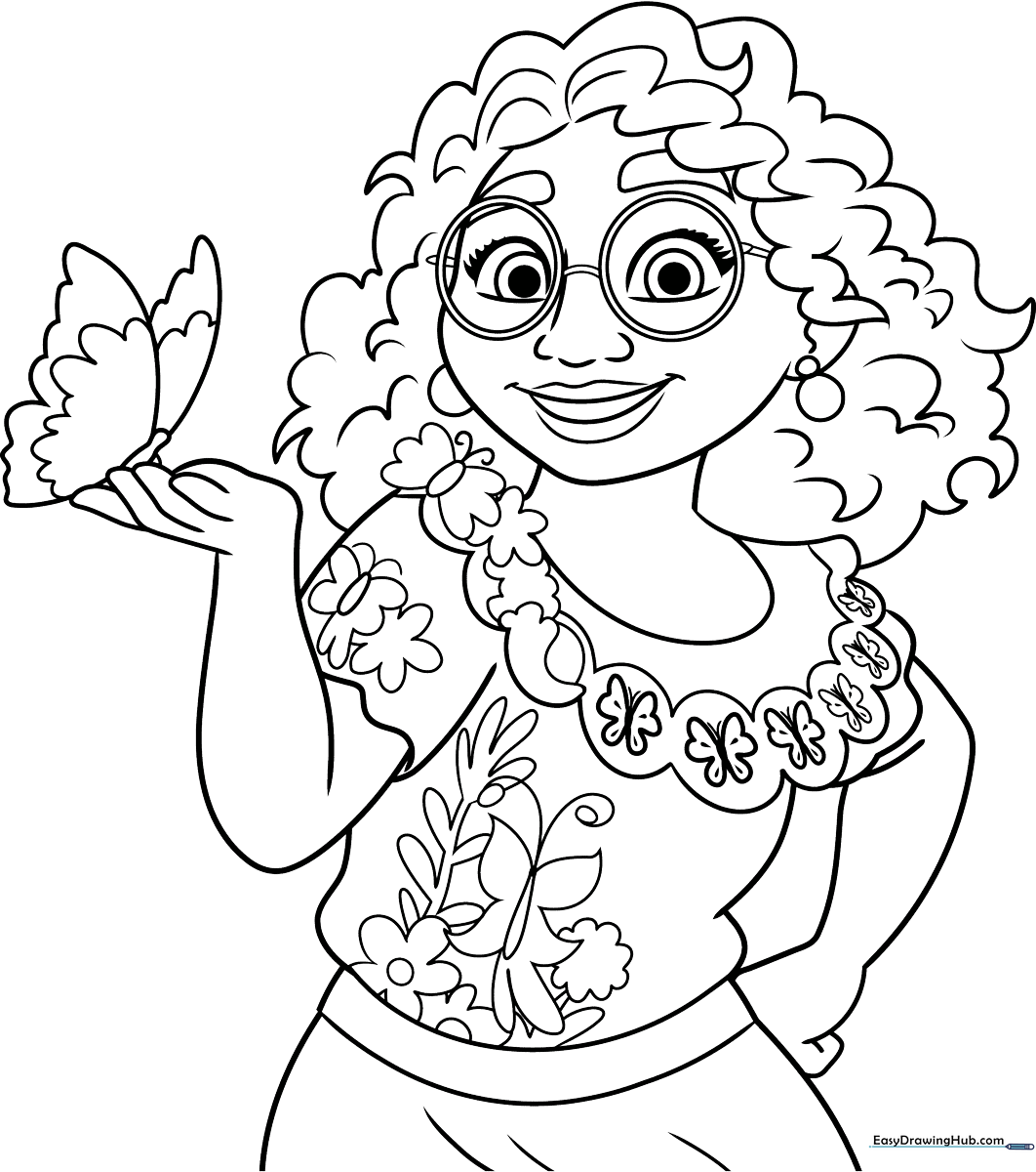 Black and white line art of Mirabel from Encanto featuring her signature glasses, curly hair, and embroidered dress, ready for coloring.