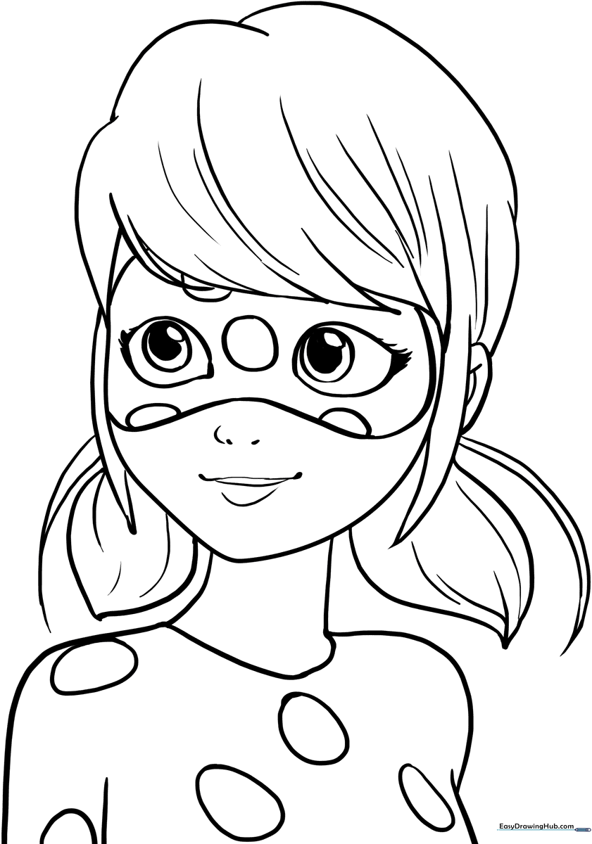 Black and white line art of Miraculous Ladybug in her superhero suit, featuring clean outlines for easy coloring by children.