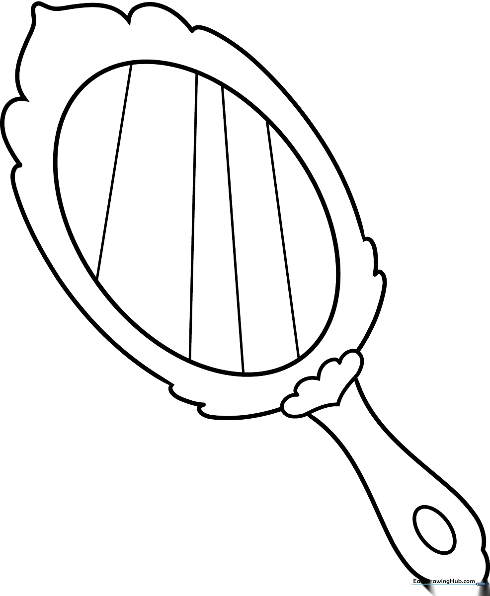 A clean, black-and-white line art illustration of an ornate oval mirror with a decorative frame, designed for children to color.